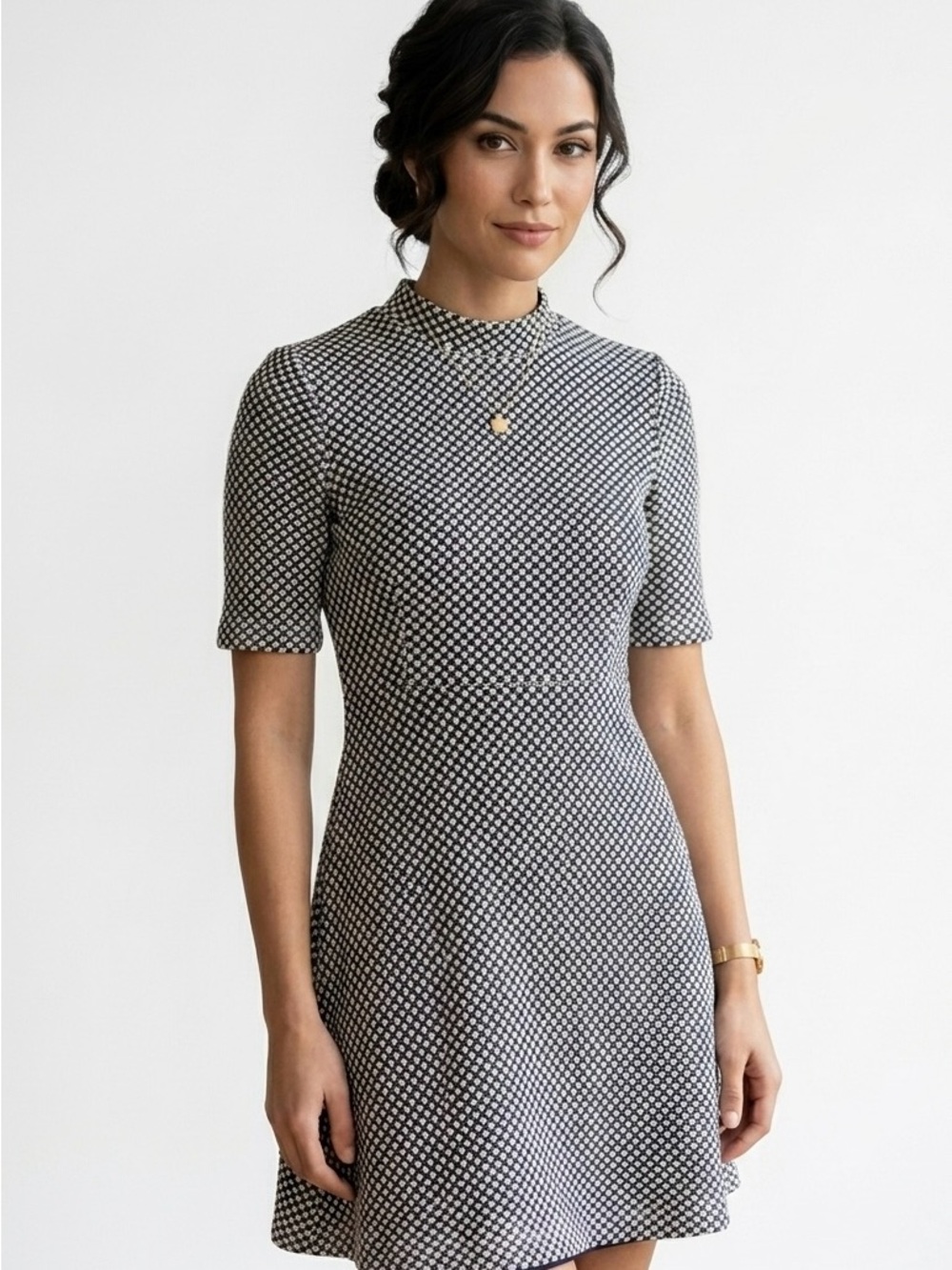 🖤 Zara Woman Navy Blue White Textured Knit Houndstooth Mock Neck Mini Dress S